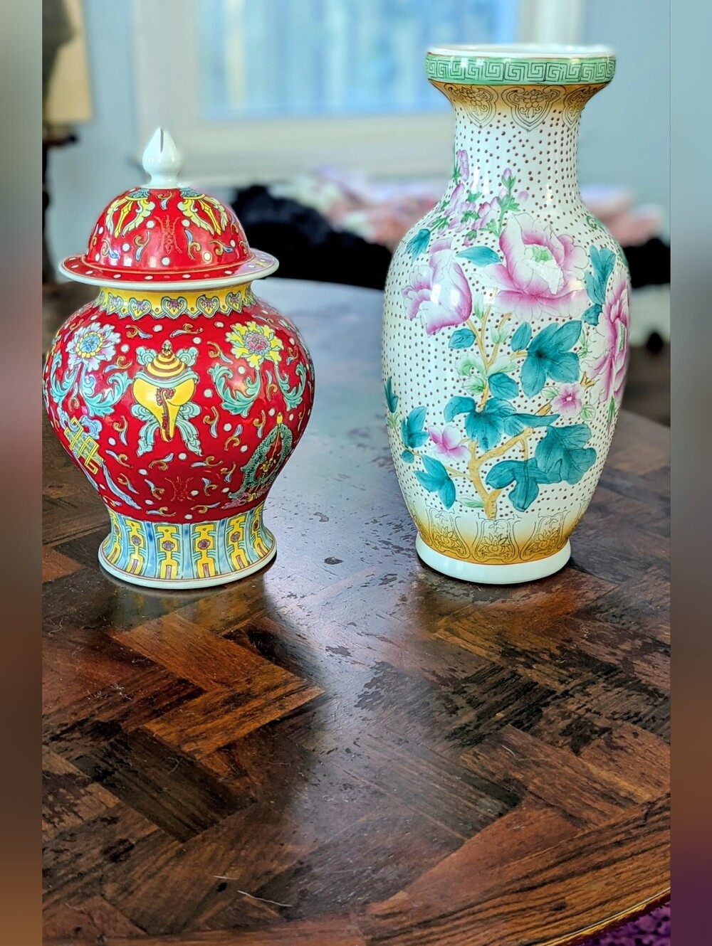 Red Decorative Porcelain Ginger Jar with Floral Motifs & Vase